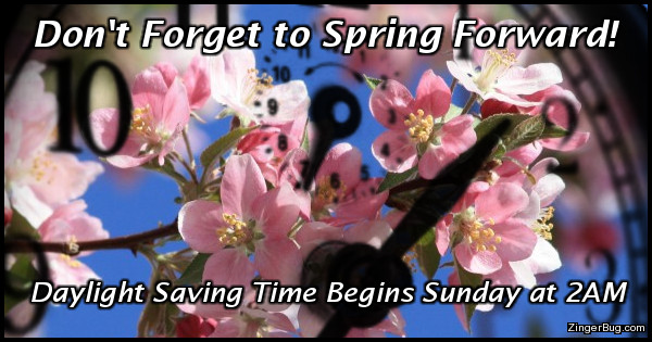 Click to get the codes for this image. This greeting features a photograph of beautiful pink blossoms against a bright blue sky with a clock superimposed in front of them. The caption reads: Don't forget to spring forward, Daylight Saving time begins Sunday at 2AM