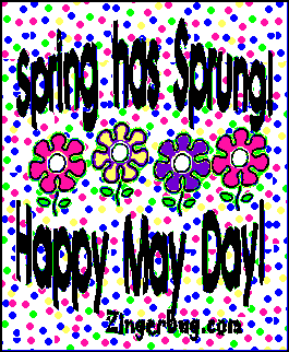 Click to get the codes for this image. This glitter graphic shows 4 flowers with polka-dots. The comment reads: Spring has Sprung! Happy May Day!