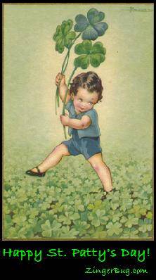 Click to get the codes for this image. This vintage graphic shows a child in a field of clovers. The comment reads: Happy St. Patty's Day!