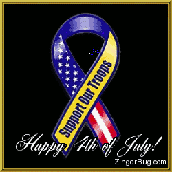 Click to get the codes for this image. This glitter graphic features a patriotic support ribbon reading Support Our Troops in front of a background of animated fireworks. The comment reads: Happy 4th of July!