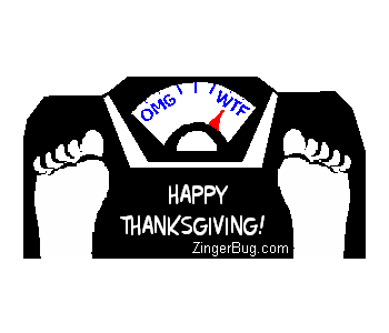 Click to get the codes for this image. This funny graphic shows two feet on a bathroom scale. The scale pointer alternates between reading OMG and WTF. The comment reads: Happy Thanksgiving!
