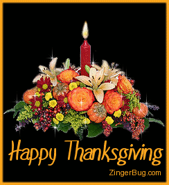 Click to get the codes for this image. This glitter graphic shows a Thanksgiving floral centerpiece bouquet with an animated burning candle. The comment reads: Happy Thanksgiving!