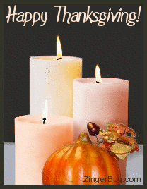 Click to get the codes for this image. This graphic shows three animated burning candles with a fall pumpkin in front of them. The comment reads: Happy Thanksgiving!