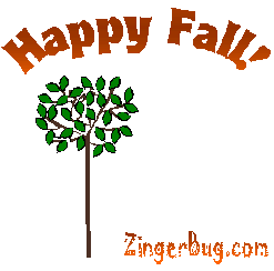 Click to get the codes for this image. This animated graphic shows a tree with green leaves. The leaves first change colors and then fall off and blow in the wind. The comment reads: Happy Fall!