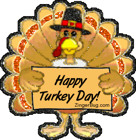 Click to get the codes for this image. This cute glitter graphic shows a cartoon turkey holding a sign that reads: Happy Turkey Day!