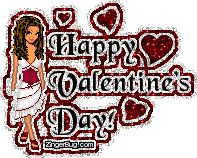 Click to get the codes for this image. this cute glitter graphic shows an animae doll wearing a red and white dress. She's surrounded by red glitter hearts. The comment reads: Happy Valentine's Day!