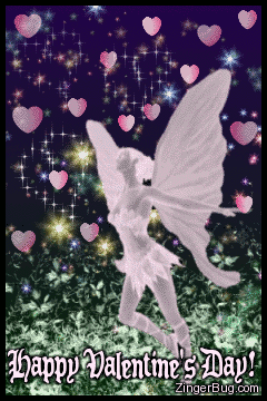 Click to get the codes for this image. This glitter graphic shows a fairy nymph on a background of animated stars and hearts. The comment reads: Happy Valentine's Day!