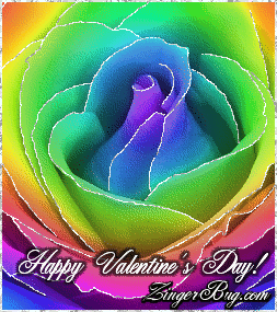 Click to get the codes for this image. This glitter graphic shows a rainbow-colored rose with silver glitter on the tips of each petal. The comment reads: Happy Valentine's Day!