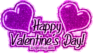 Click to get the codes for this image. This glitter graphic shows 2 pink and purple jelly-hearts with glitter. The comment reads: Happy Valentine's Day!