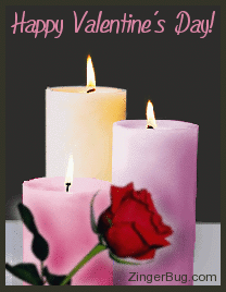 Click to get the codes for this image. This beautiful graphic shows 3 animated candles with burning flames. One white, one pink and one purple. There is a single rose in front of the candles. The comment reads: Happy Valentine's Day!