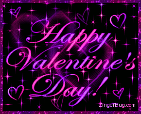 Click to get the codes for this image. This glitter graphic shows animated pink and purple stars and hearts. The comment reads: Happy Valentine's Day!
