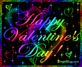 Click to get the codes for this image. This beautiful glitter graphic shows animated rainbow colored stars and hearts. The comment reads: Happy Valentine's Day!