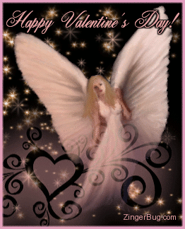 Click to get the codes for this image. This beautiful glitter graphic shows an angel standing behind a frosted pane of glass with hearts. The comment reads: Happy Valentine's Day!
