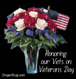Click to get the codes for this image. This glitter graphic shows a bouquet of red, white and blue roses with an american flag. The comment reads: Honoring our Vets on Veterans Day