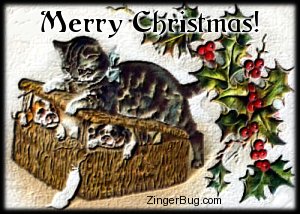Click to get the codes for this image. This cute graphic shows a cat on the lid of a basket. Two puppies are peeking their heads out of the basket. There's holly in the background. The comment reads: Merry Christmas