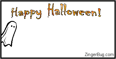 Click to get the codes for this image. This cute glitter graphic shows a ghost floating across the screen. The comment reads: Happy Halloween.