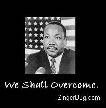 Click to get the codes for this image. Photo of Martin Luther King, Jr. in front of an American Flag. The comment reads: We shall Overcome.