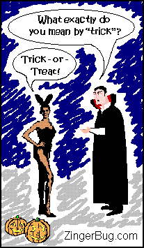 Click to get the codes for this image. This funny Halloween comic features a sexy woman in a bunny costume who says: Trick or Treat! A guy in a vampire costume answers: What exactly do you mean by trick?