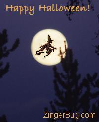 Click to get the codes for this image. Halloween Witch flying in front of the moon, Halloween Free Image, Glitter Graphic, Greeting or Meme for Facebook, Twitter or any forum or blog.