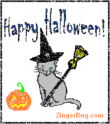 Click to get the codes for this image. Happy Halloween Cat wearing Witche's Hat, Halloween Free Image, Glitter Graphic, Greeting or Meme for Facebook, Twitter or any forum or blog.