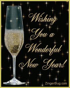 Click to get the codes for this image. This beautiful glitter graphic shows an animated glass of champaign on a background of gold twinkling stars. The comment reads: Wishing You a Wonderful New Year!